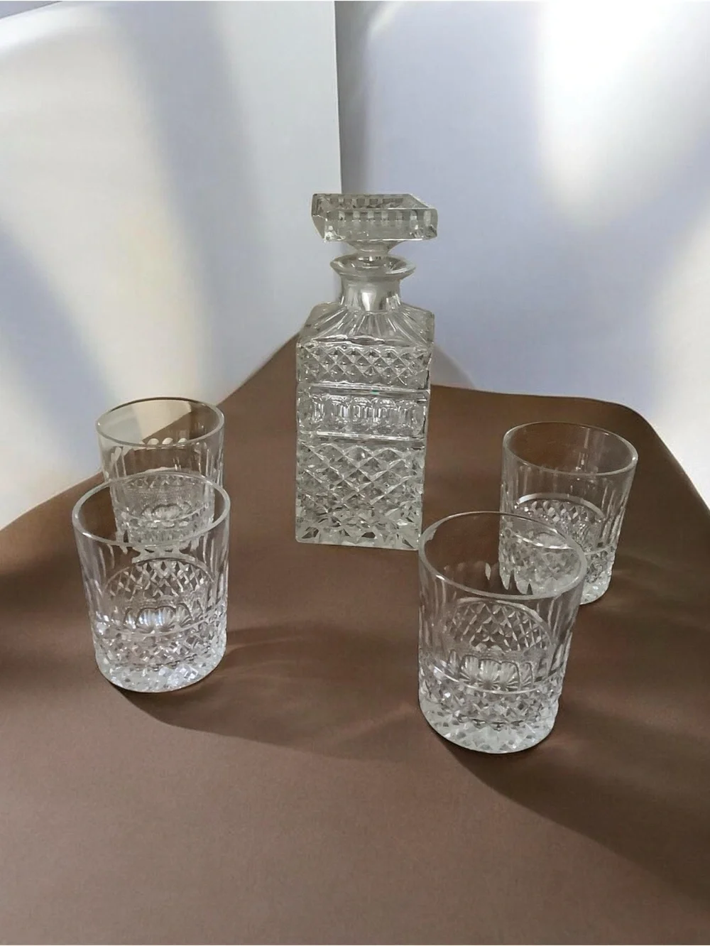 Vintage Clear Cut-Glass Decanter Set with Four old-fashioned glasses